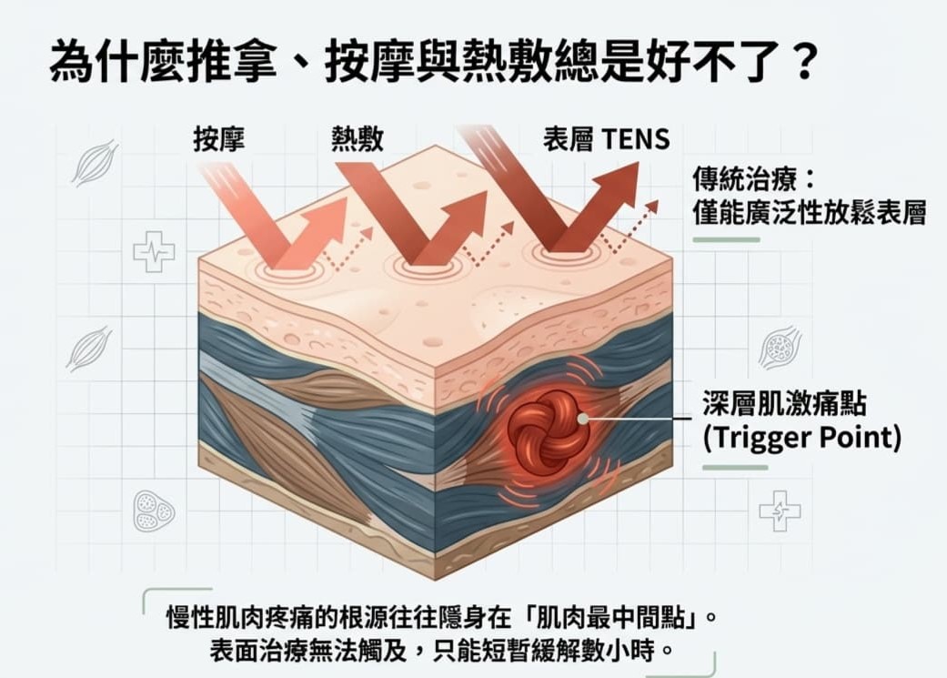解釋傳統按摩、熱敷與表層TENS僅能放鬆表層 無法觸及位於肌肉中間點的深層激痛點