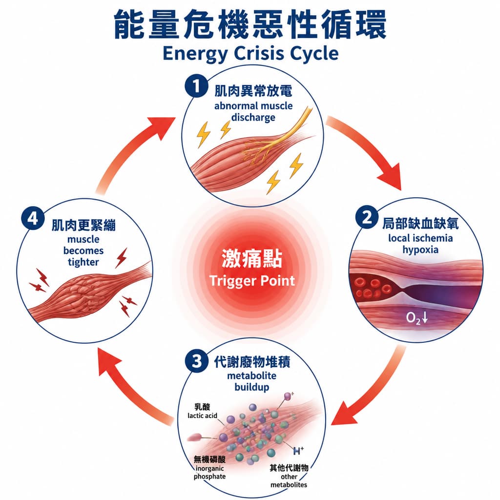 能量危機惡性循環示意圖：激痛點導致異常放電、缺血缺氧、代謝廢物堆積、肌肉更緊繃的惡性循環