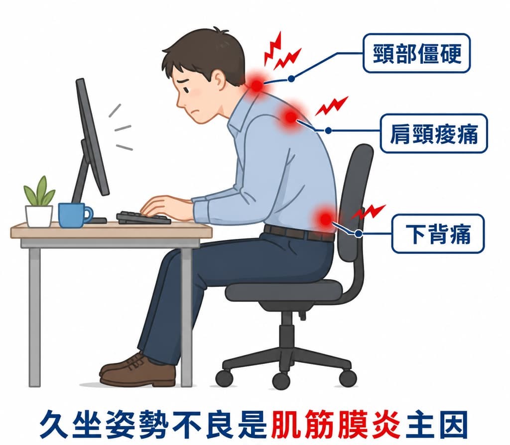 久坐姿勢不良是肌筋膜炎的主要成因，頸部僵硬、肩頸痠痛、下背痛示意圖