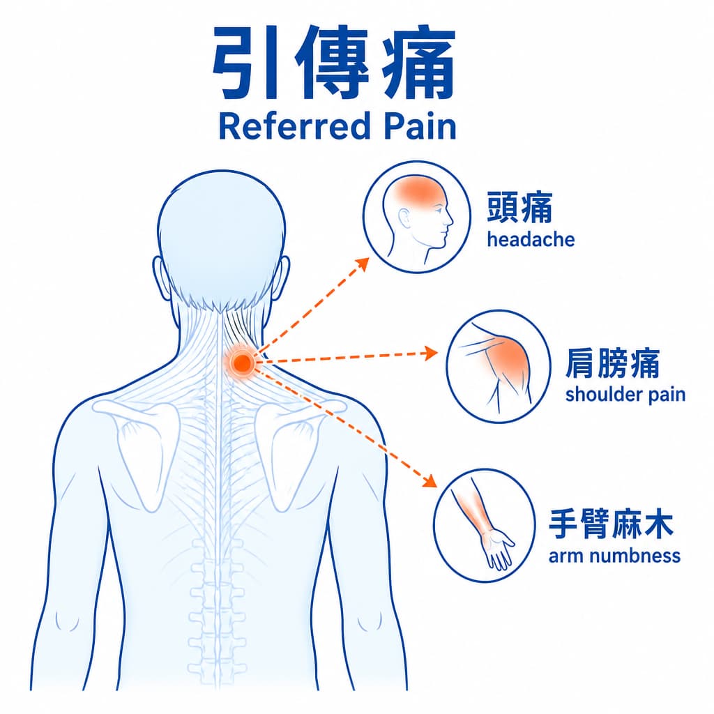 肌筋膜激痛點引發引傳痛示意圖，頸部激痛點可引發頭痛、肩膀痛與手臂麻木